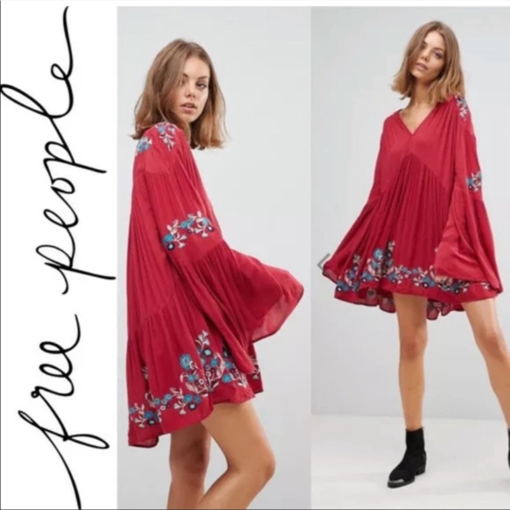 Free People S Red Te Amo Boho Floral Embroidered Flowy Dress - Picture 1 of 16